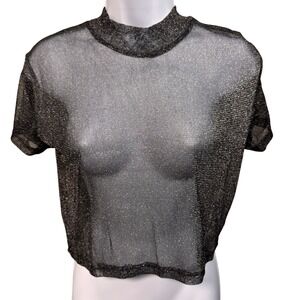 NWT COTTON ON Black Metallic Mesh Crop Top M Grunge Goth Festival Punk Fetish‎